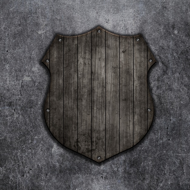 3d render of a wooden shield on a grunge background