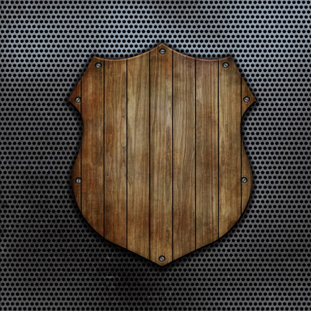 3d render of a wooden shield on a perforated metal background