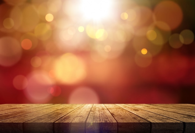 3D render of a wooden table against a bokeh lights background