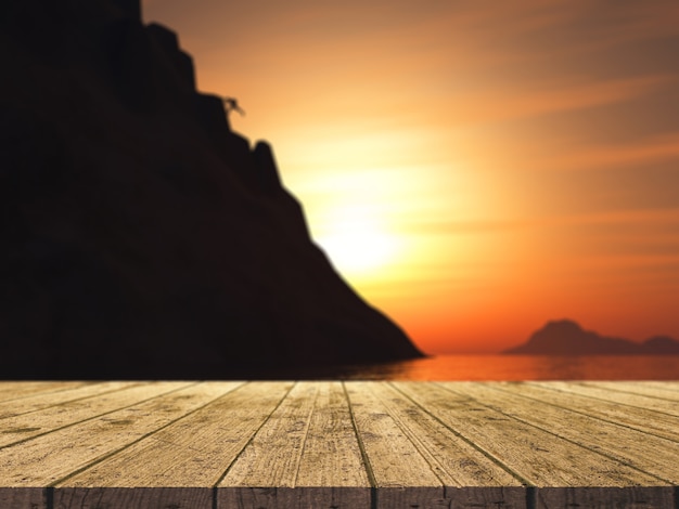 3d render of a wooden table looking out to a rock climber climbing a large mountain