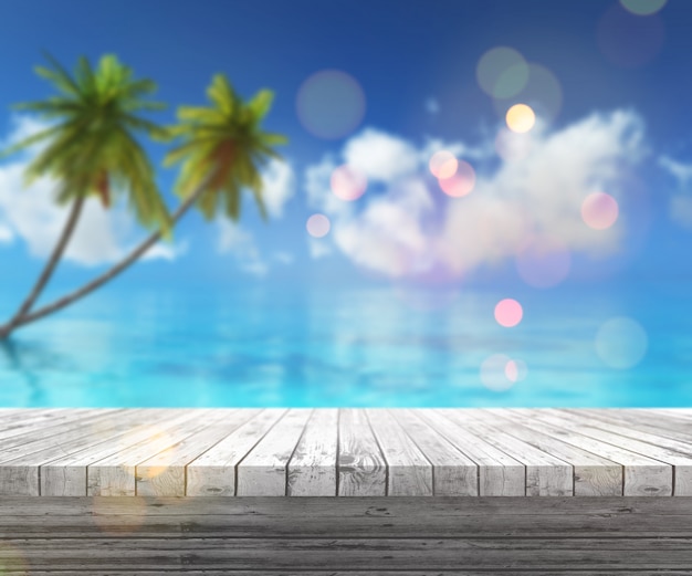 Free photo 3d render of a wooden table looking out to a tropical landscape