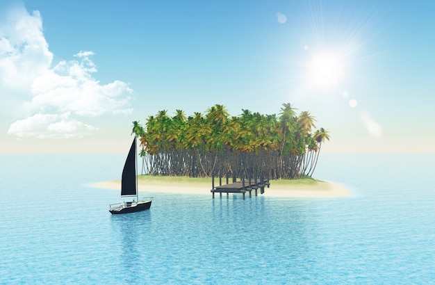 Free photo 3d render of a yacht at a tropical island