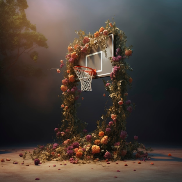 Free photo 3d rendering of basketball basket decorated with flowers