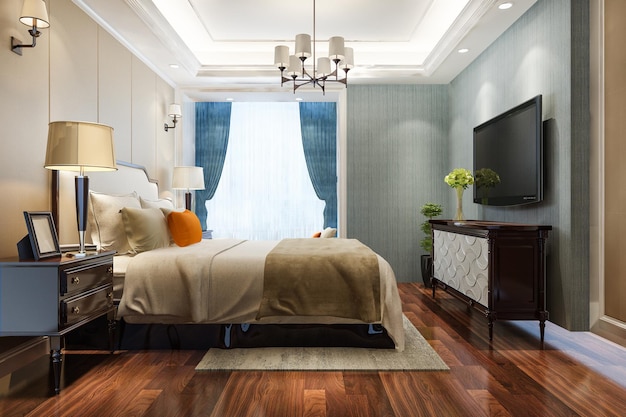 Free photo 3d rendering beautiful luxury bedroom suite in hotel with tv and chandelier