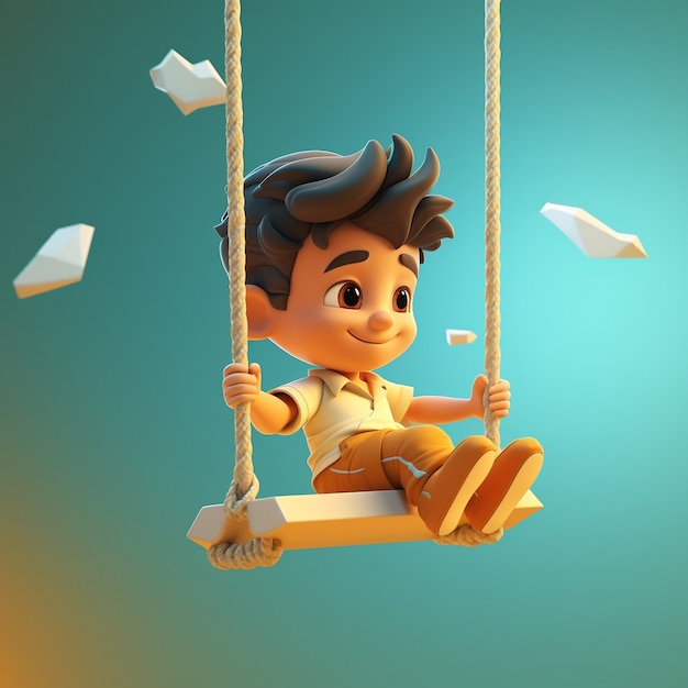 Free photo 3d rendering of boy playing on swing