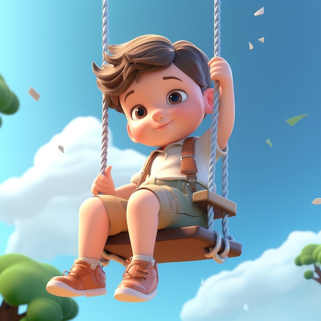 3d rendering of boy playing on swing