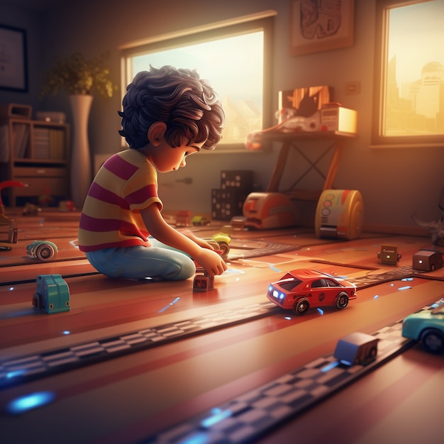 3d rendering of boy playing with car toys