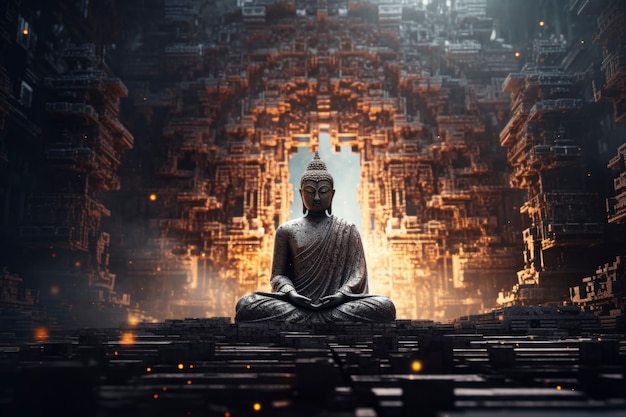 3d rendering of buddha statue in cave