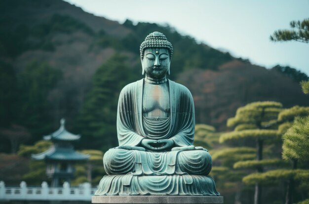 3d rendering of buddha statue above forest