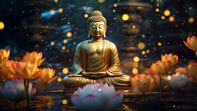 Free photo 3d rendering of buddha statue surrounded by flowers