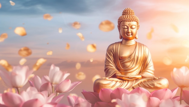 Free Photo 3d rendering of buddha statue surrounded by flowers