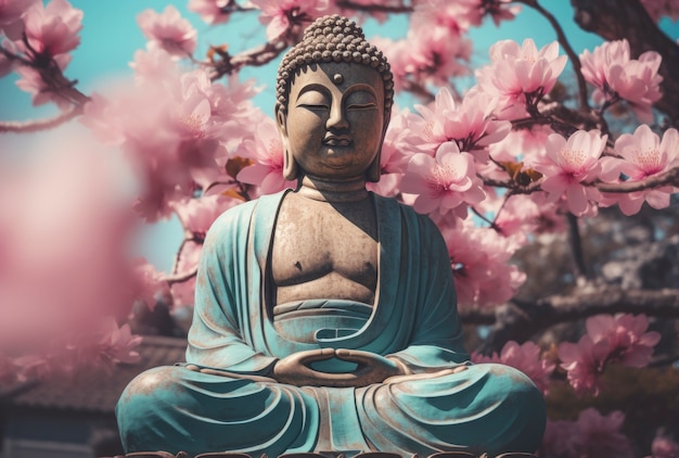 3d rendering of buddha statue surrounded by flowers