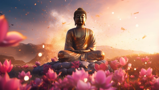 3d rendering of buddha statue surrounded by flowers