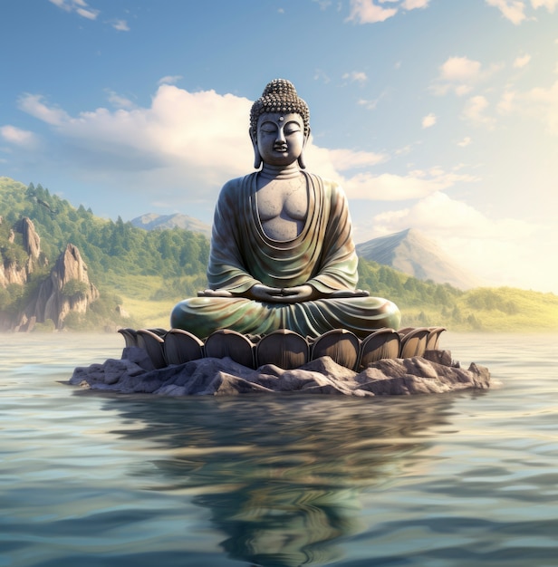 3d rendering of buddha statute on lake