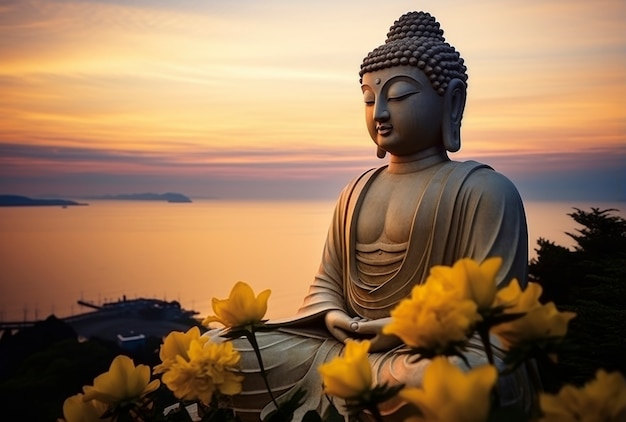 Free photo 3d rendering of buddha statute at sunset