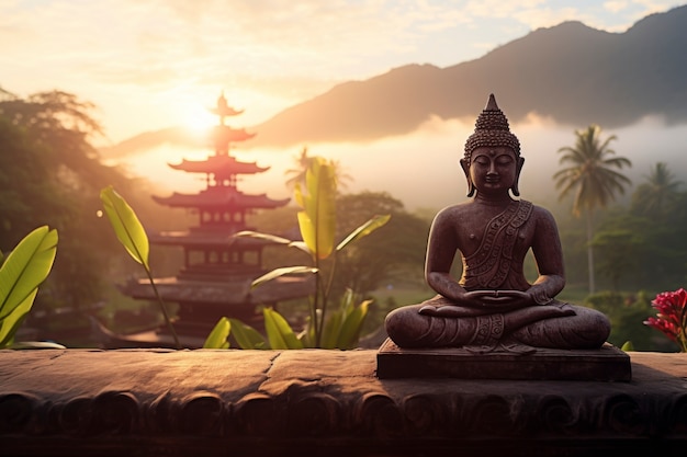 Free photo 3d rendering of buddha statute at sunset