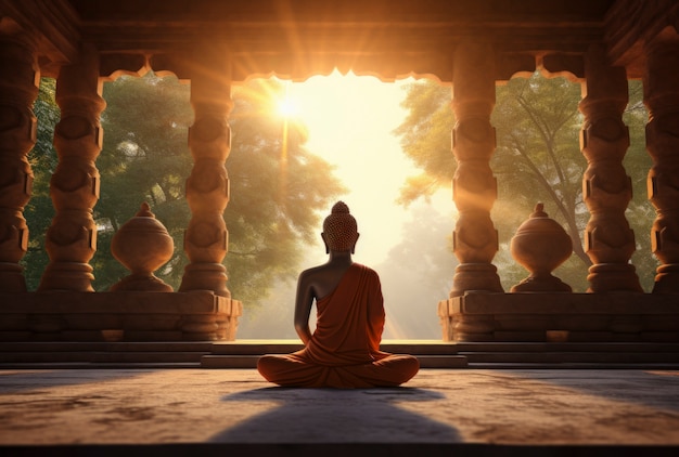 Free Photo 3d rendering of buddha statute at sunset