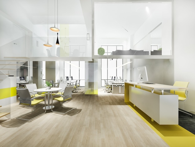 Free Photo 3d rendering business meeting and yellow working room with stair