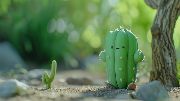 Free photo 3d rendering cartoon of cacti with friendly face