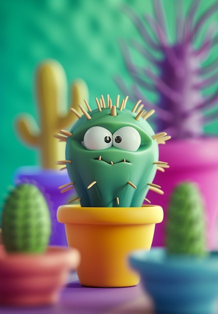 Free photo 3d rendering cartoon of cacti with friendly face