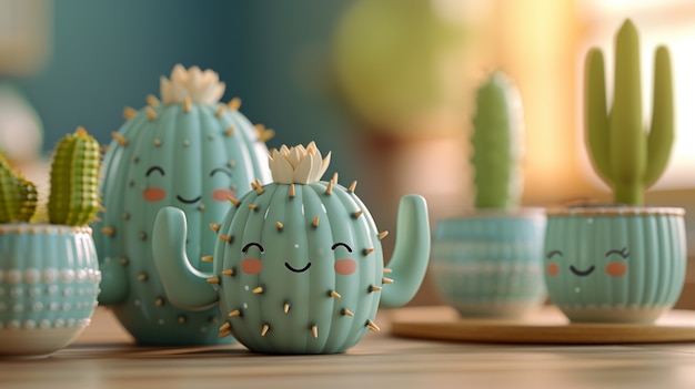 3d rendering cartoon of cacti with friendly face