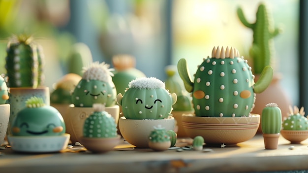 Free Photo 3d rendering cartoon of cacti with friendly face