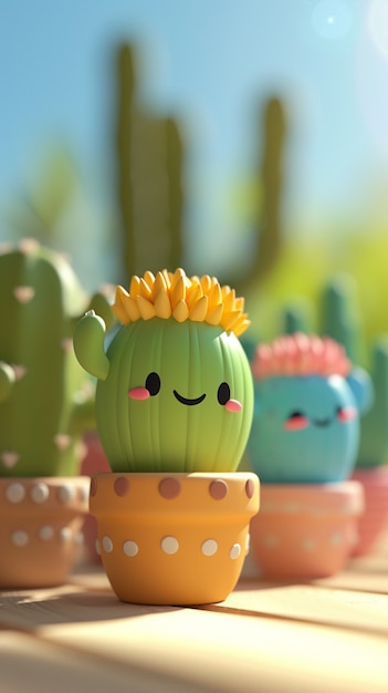 Free photo 3d rendering cartoon of cacti with friendly face