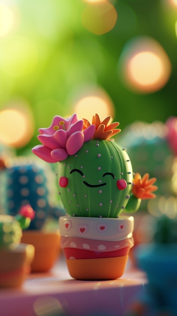 Free Photo 3d rendering cartoon of cacti with friendly face