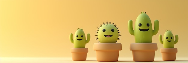 Free photo 3d rendering cartoon of cacti with friendly face