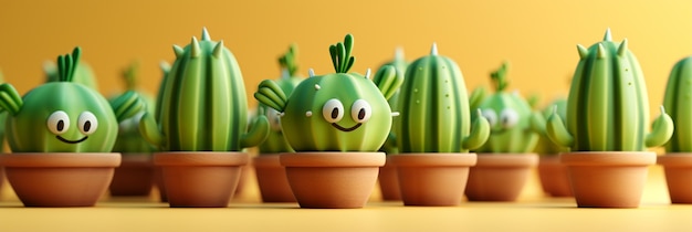 Free Photo 3d rendering cartoon of cacti with friendly face