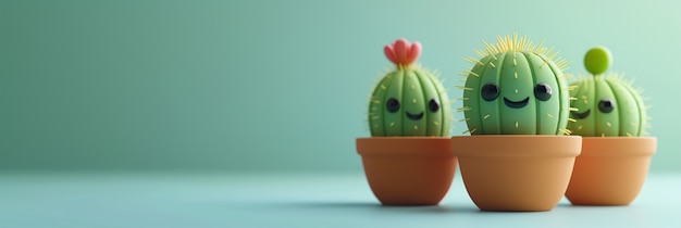 Free photo 3d rendering cartoon of cacti with friendly face