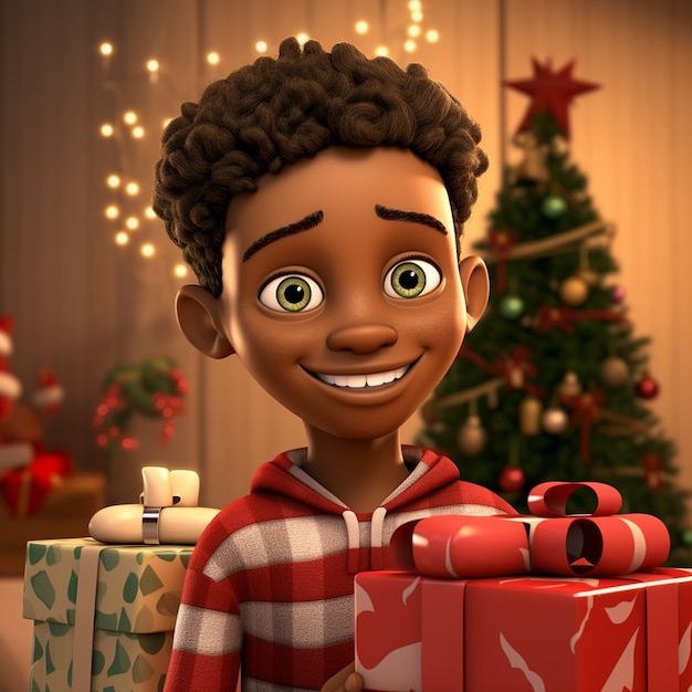 Free photo 3d rendering of cartoon like boy on christmas night