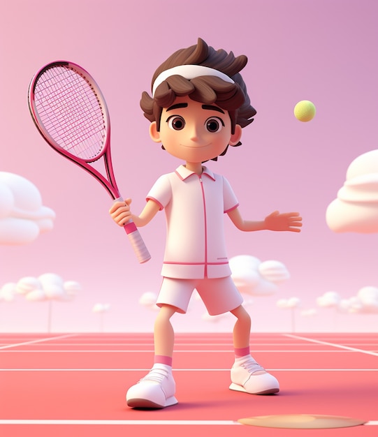 Free Photo 3d rendering of cartoon like boy playing tennis