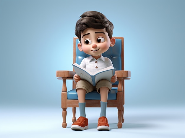 3d rendering of cartoon like boy reading in armchair