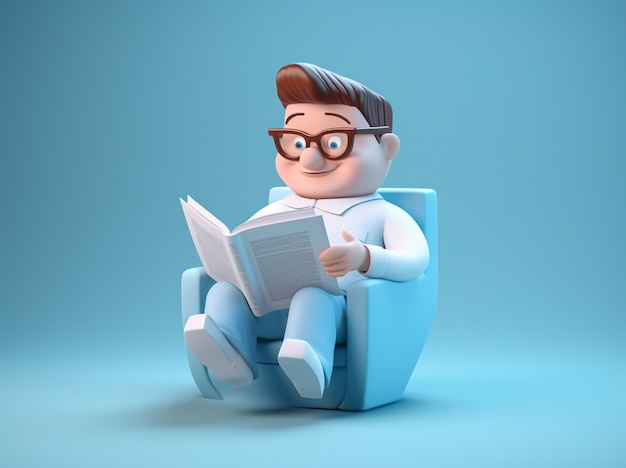 Free photo 3d rendering of cartoon like boy reading in armchair