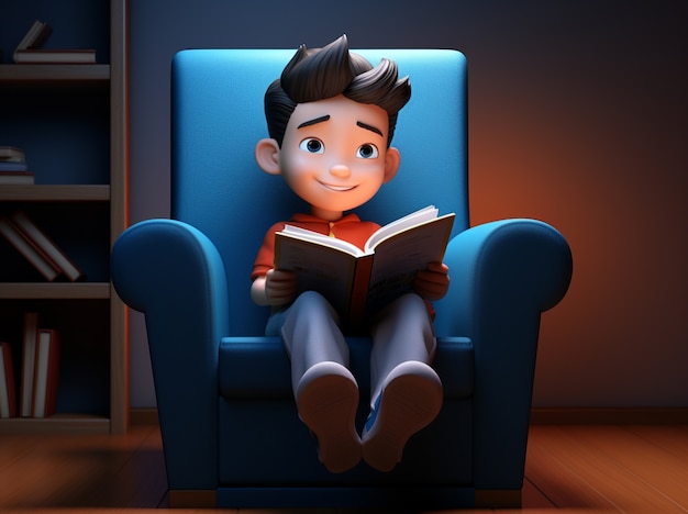 Free photo 3d rendering of cartoon like boy reading in armchair