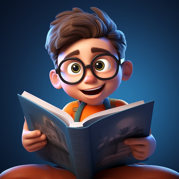 Free photo 3d rendering of cartoon like boy reading