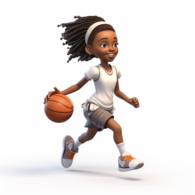 3d rendering of cartoon like girl playing basketball