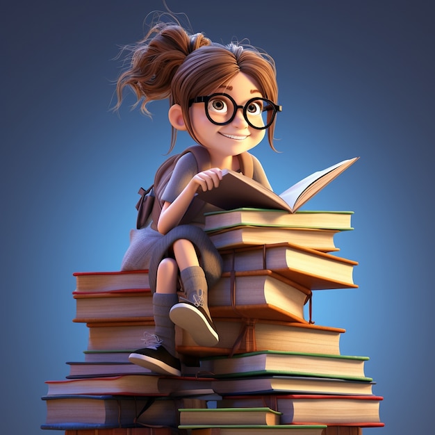 3d rendering of cartoon like girl reading