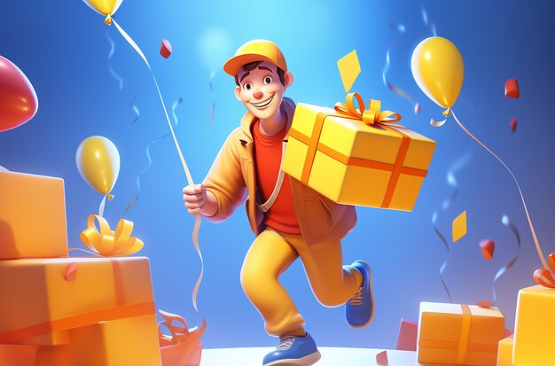 3d rendering of cartoon like man delivering gift