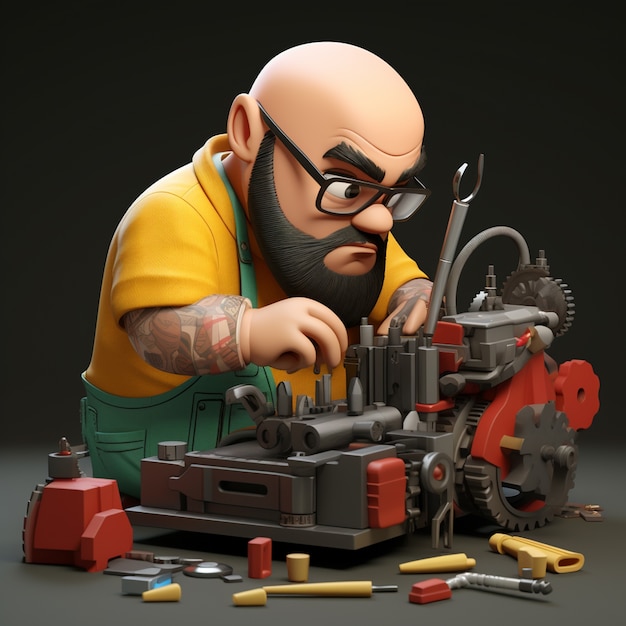 Free Photo 3d rendering of cartoon like man working on mechanism