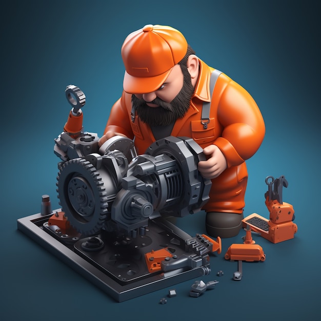 3d rendering of cartoon like man working on mechanism