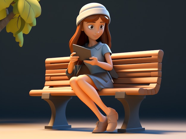 Free photo 3d rendering of cartoon like woman reading on bench