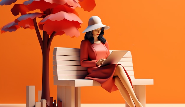 Free photo 3d rendering of cartoon like woman reading on bench