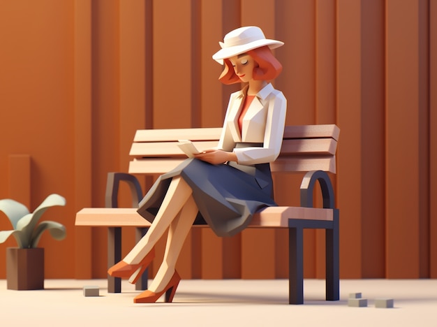 Free photo 3d rendering of cartoon like woman reading on bench