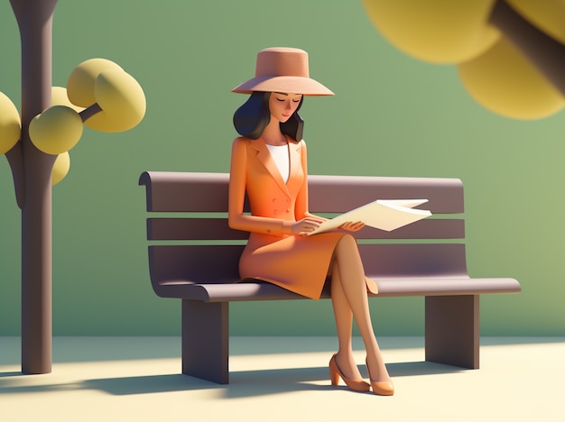 Free Photo 3d rendering of cartoon like woman reading on bench