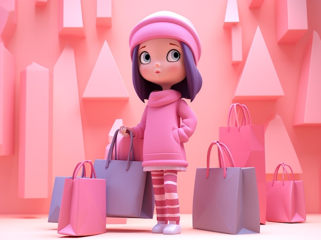 3d rendering of cartoon like woman shopping