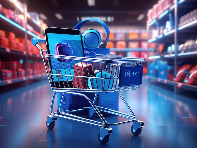 Free Photo 3d rendering of cartoon shopping cart