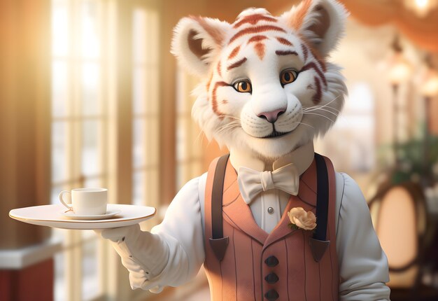 3d rendering of cartoon tiger as barista