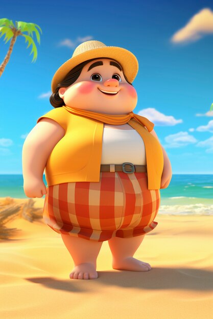 3d rendering of chubby character on beach